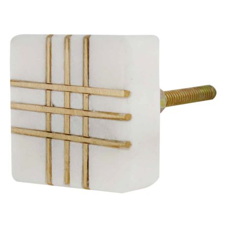 White Square Marble Brass Cabinet Knobs